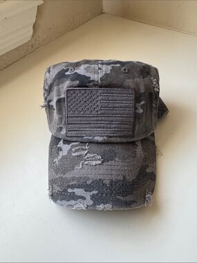 Distressed Grey Camouflage Baseball Cap with Flag Patch
